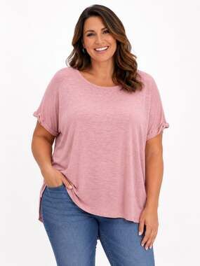 H&M Basics Women's Rolled Sleeve Crew Neck T-Shirt in Dusty Pink